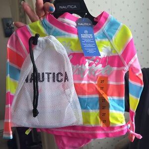 Nautica Kids Rash Guard - Pink, Blue, Yellow Stripes